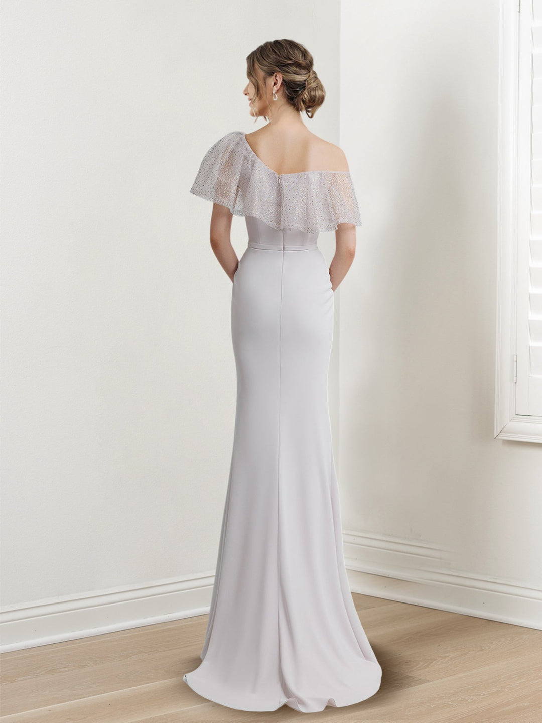 Robe de Soirée Longue Fourreau/Colonne à Épaules Dénudées et Manches Courtes avec Paillettes