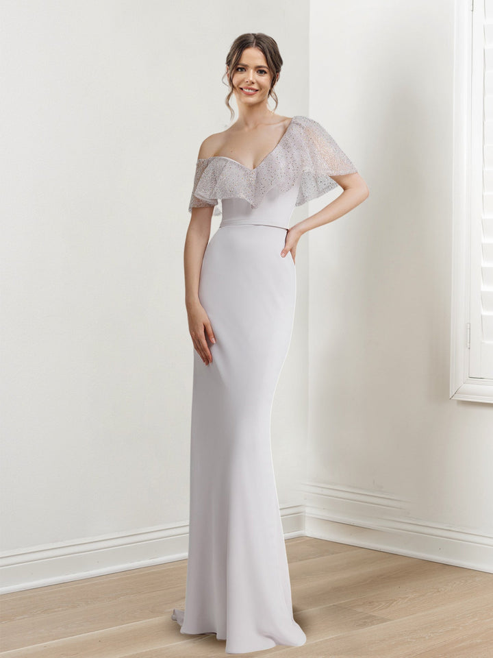 Robe de Soirée Longue Fourreau/Colonne à Épaules Dénudées et Manches Courtes avec Paillettes