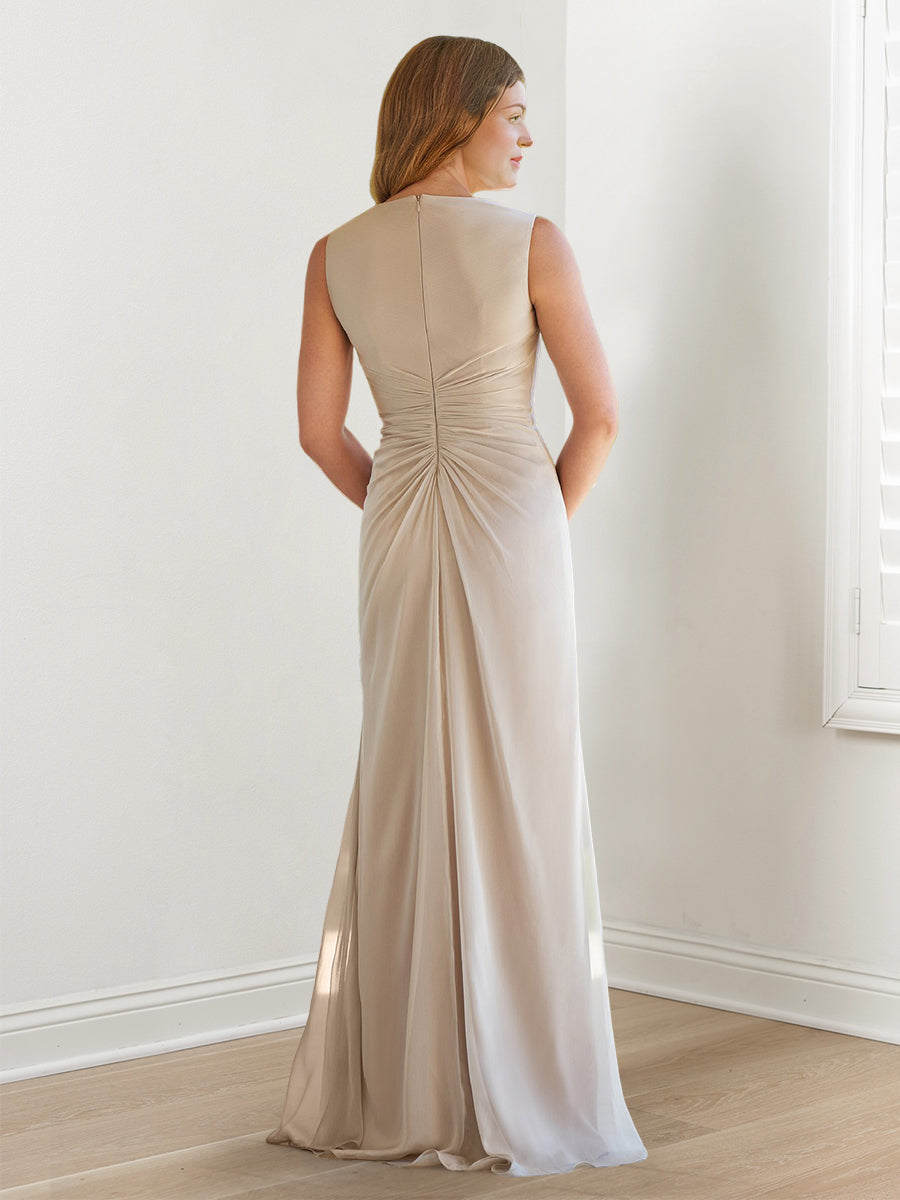 Robe de Mère de la Mariée Fourreau/Colonne à Col en V Sans Manches, Longueur Au Sol, avec Enveloppes et Volants