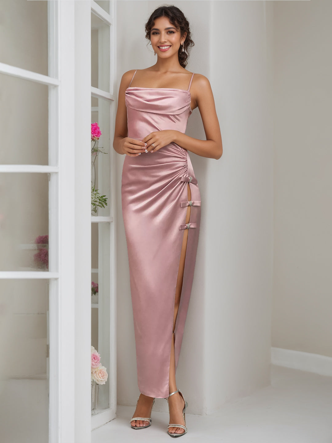 Robe D'Invitée de Mariage Fourreau/Colonne à Col Carré Sans Manches, Longueur Cheville, avec Nœud