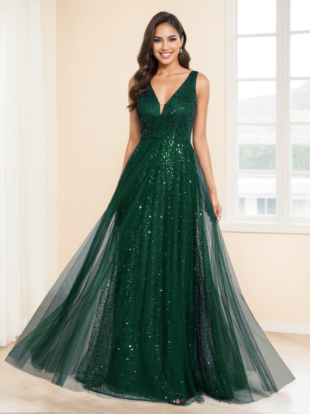 Robe de Soirée Trapèze/Princesse à Col en V Sans Manches, Taille Haute, Longueur Au Sol