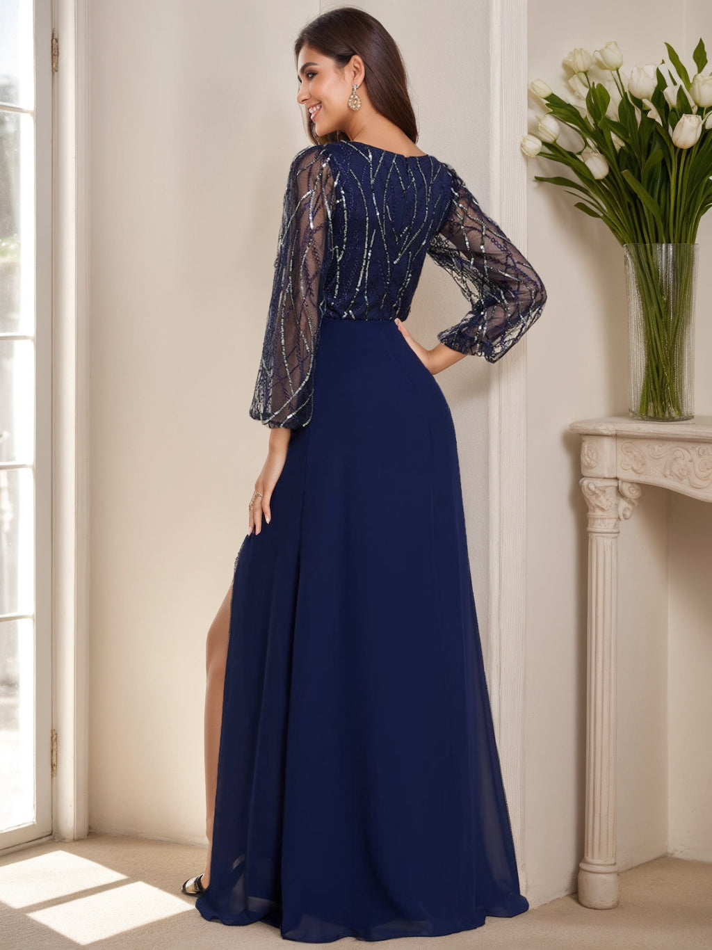 Robe de Mère de la Mariée Coupe A-Line/Princess à Col en V et Manches Longues, Longueur Au Sol, avec Fente