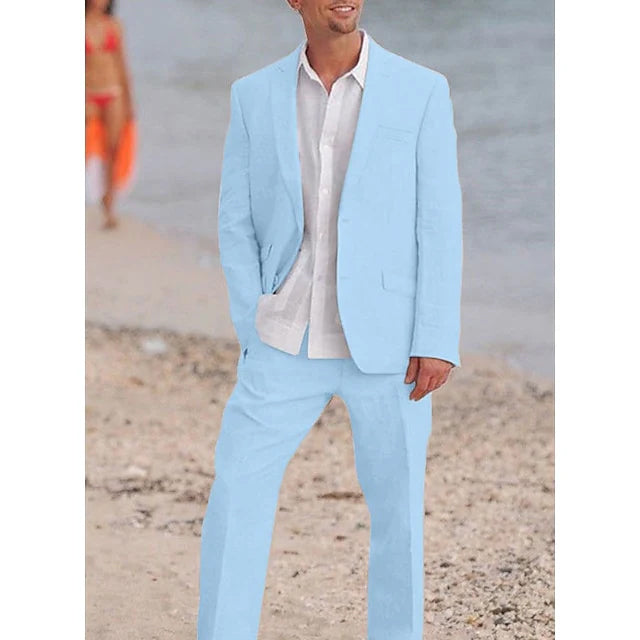 Costumes 2 Pièces en Lin de Couleur Unie à Simple Boutonnage et Deux Boutons pour Hommes, Coupe Ajustée