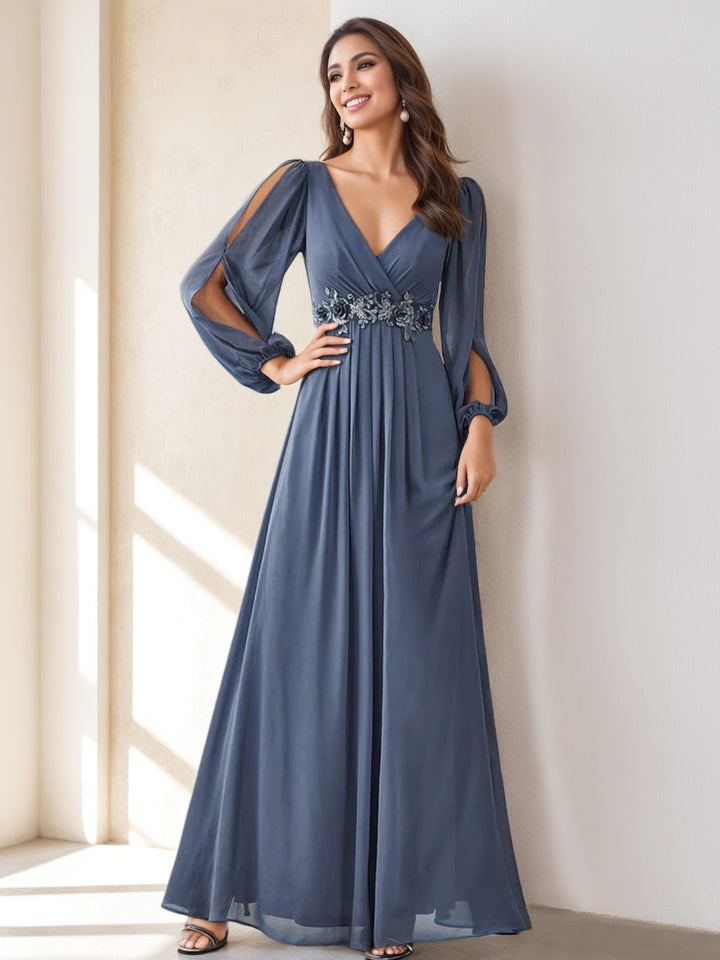 Robe de Mère de la Mariée Élégante en Forme de A/Princesse, Col en V, Longueur Au Sol, avec Broderie