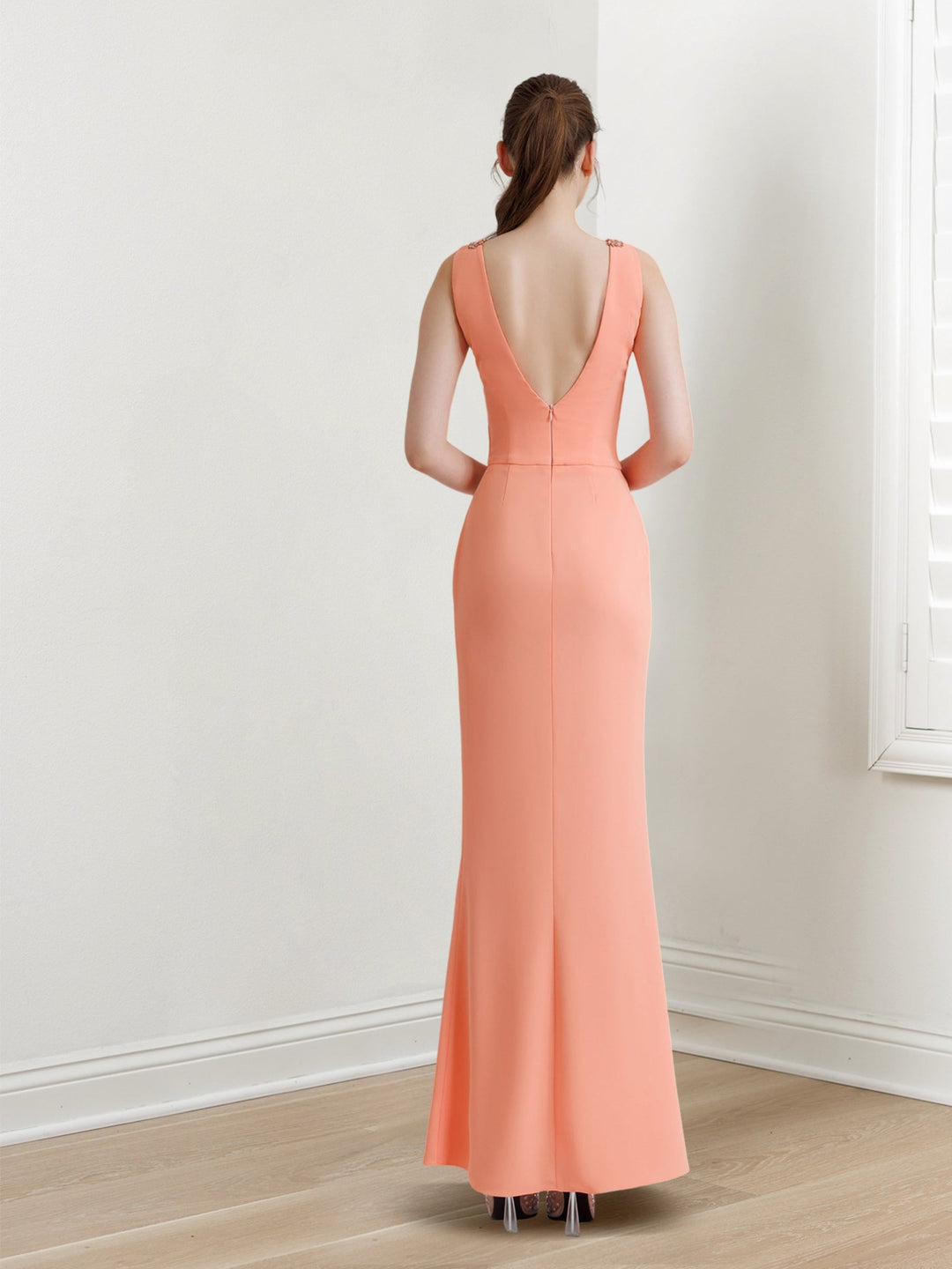 Robe de Soirée Longue Fourreau/Colonne à Col en V Sans Manches, Longueur Au Sol, avec Fente Sur le Côté