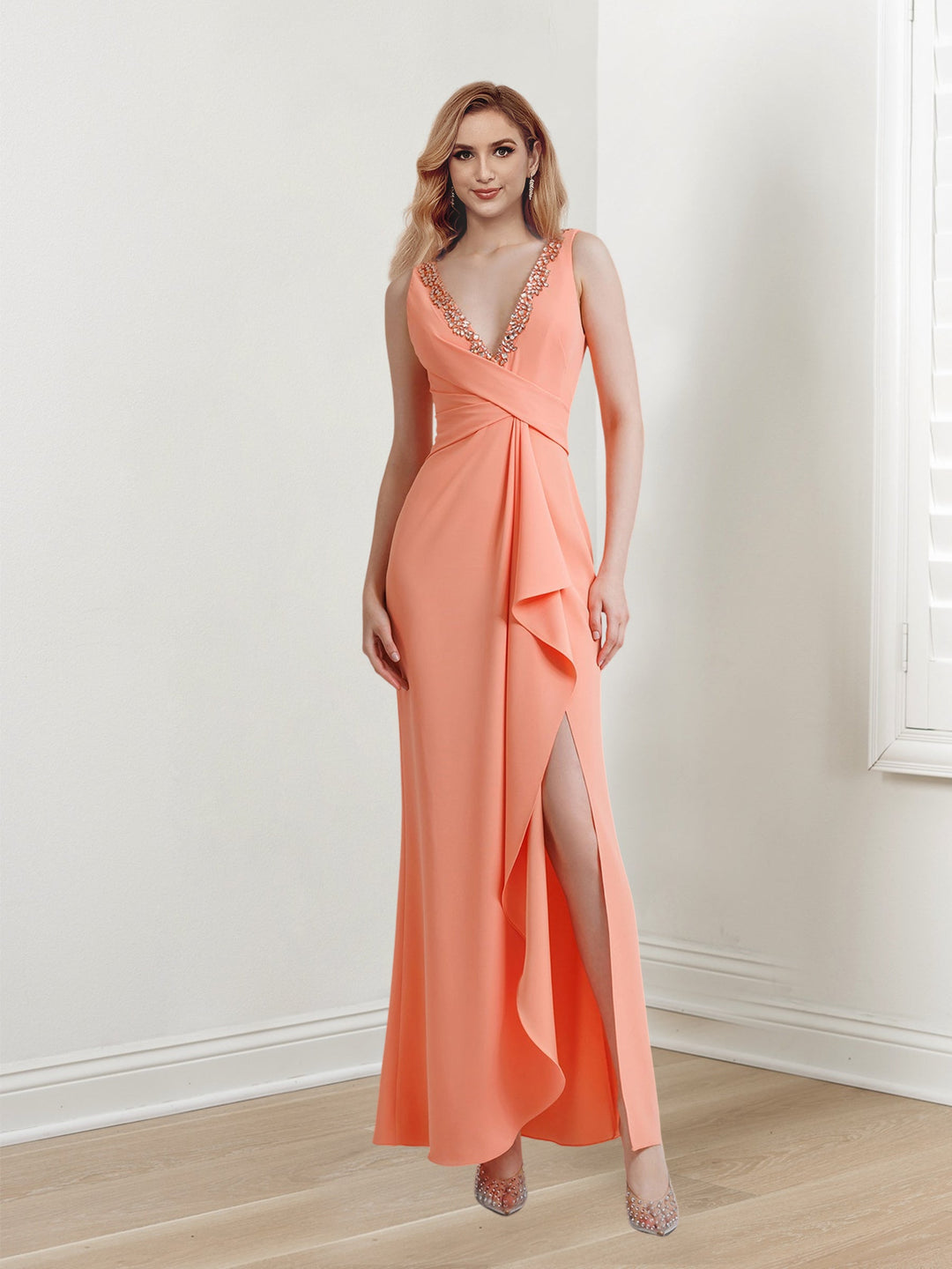 Robe de Soirée Longue Fourreau/Colonne à Col en V Sans Manches, Longueur Au Sol, avec Fente Sur le Côté