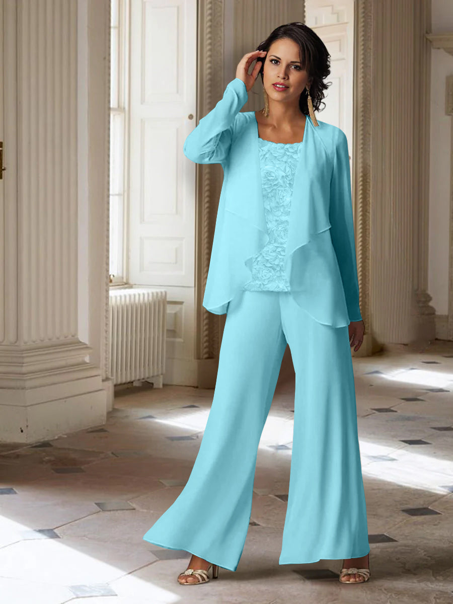 Tailleur-Pantalon en Mousseline à Manches Longues pour Mère de la Mariée avec Veste