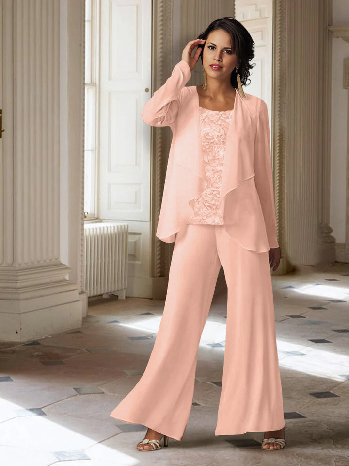 Tailleur-Pantalon en Mousseline à Manches Longues pour Mère de la Mariée avec Veste
