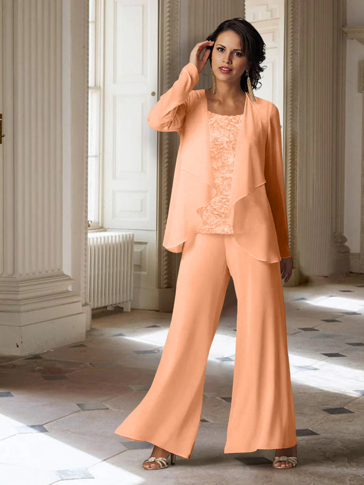 Tailleur-Pantalon en Mousseline à Manches Longues pour Mère de la Mariée avec Veste
