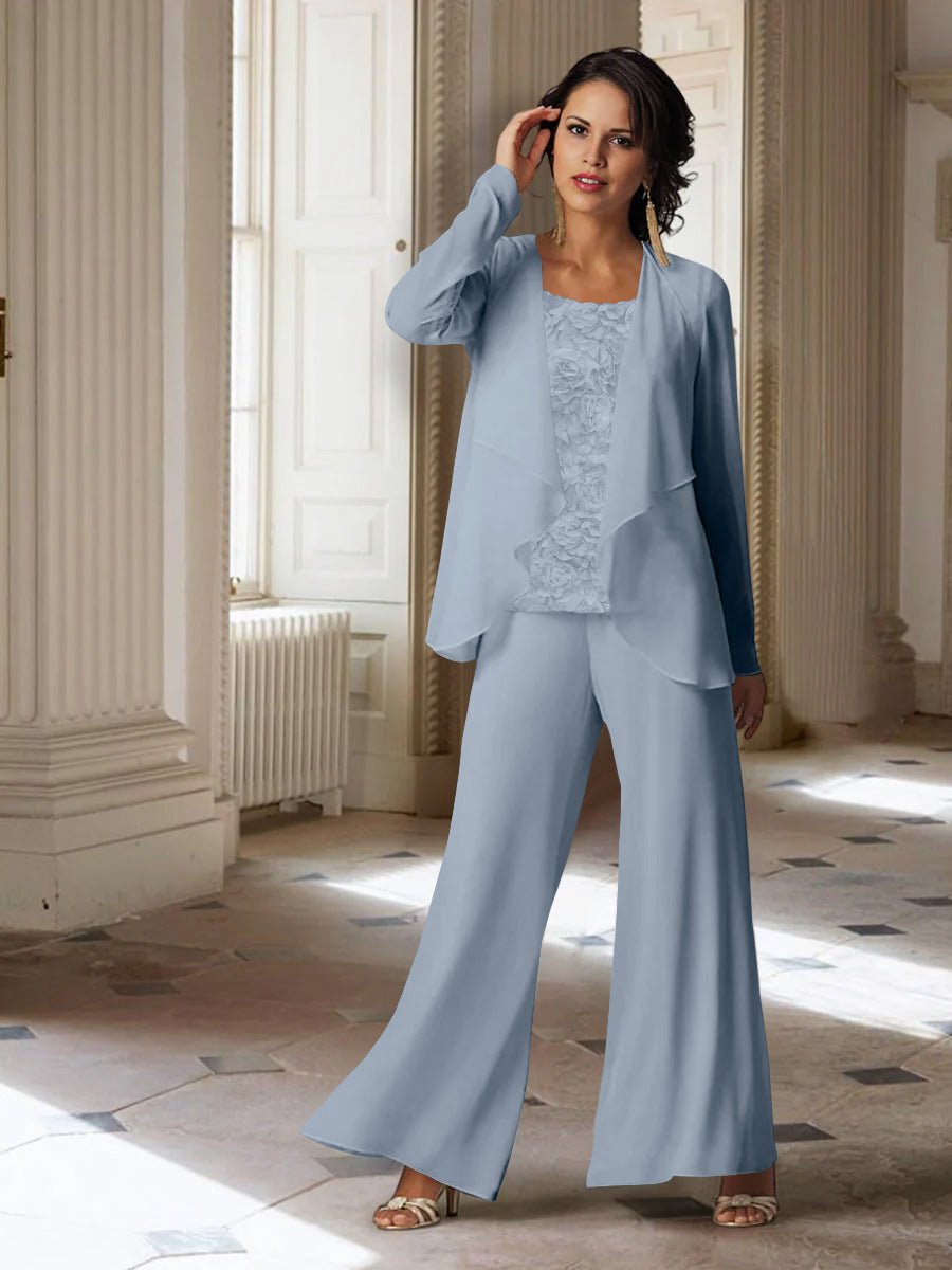 Tailleur-Pantalon en Mousseline à Manches Longues pour Mère de la Mariée avec Veste