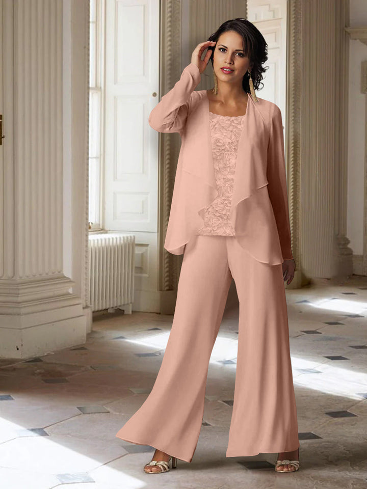 Tailleur-Pantalon en Mousseline à Manches Longues pour Mère de la Mariée avec Veste