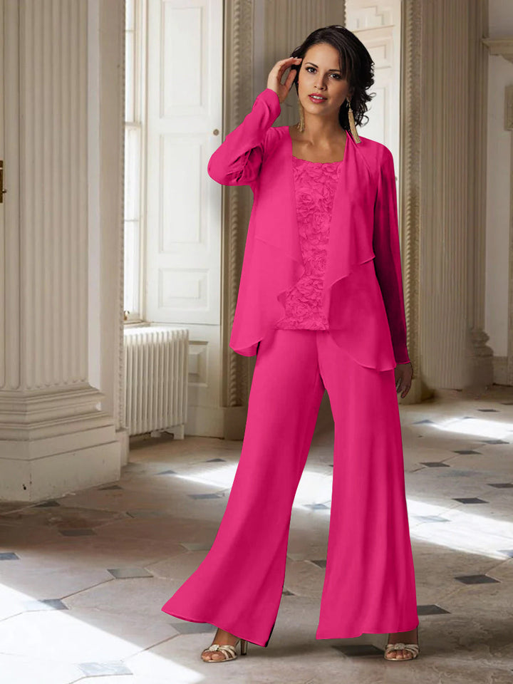 Tailleur-Pantalon en Mousseline à Manches Longues pour Mère de la Mariée avec Veste