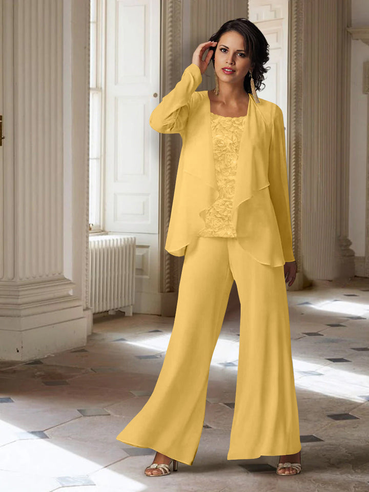 Tailleur-Pantalon en Mousseline à Manches Longues pour Mère de la Mariée avec Veste