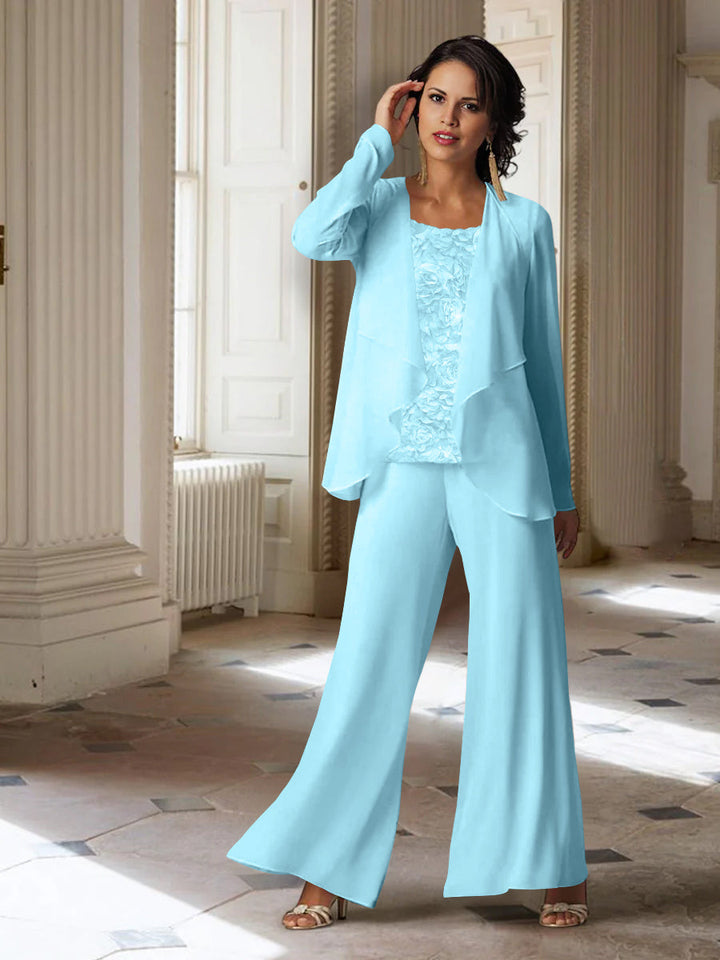 Tailleur-Pantalon en Mousseline à Manches Longues pour Mère de la Mariée avec Veste