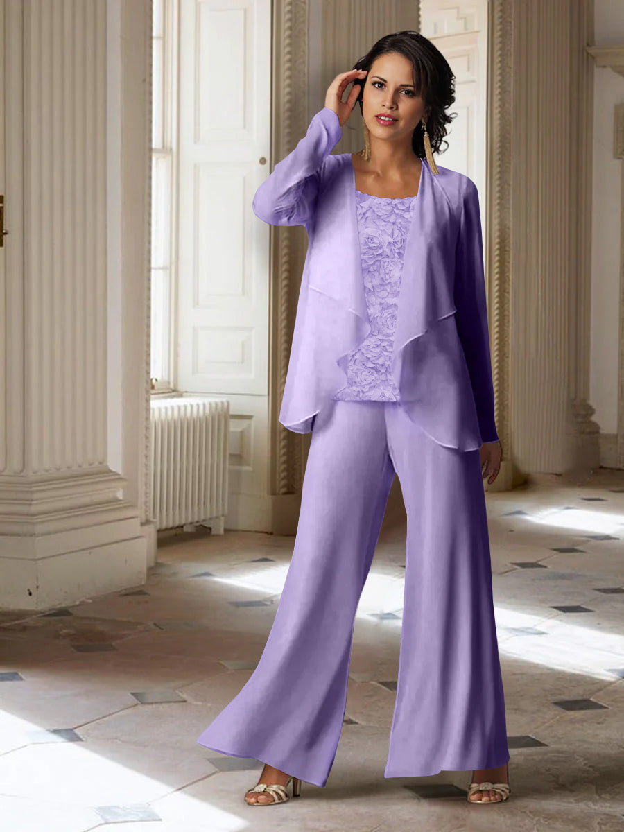 Tailleur-Pantalon en Mousseline à Manches Longues pour Mère de la Mariée avec Veste