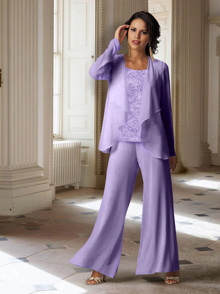 Tailleur-Pantalon en Mousseline à Manches Longues pour Mère de la Mariée avec Veste
