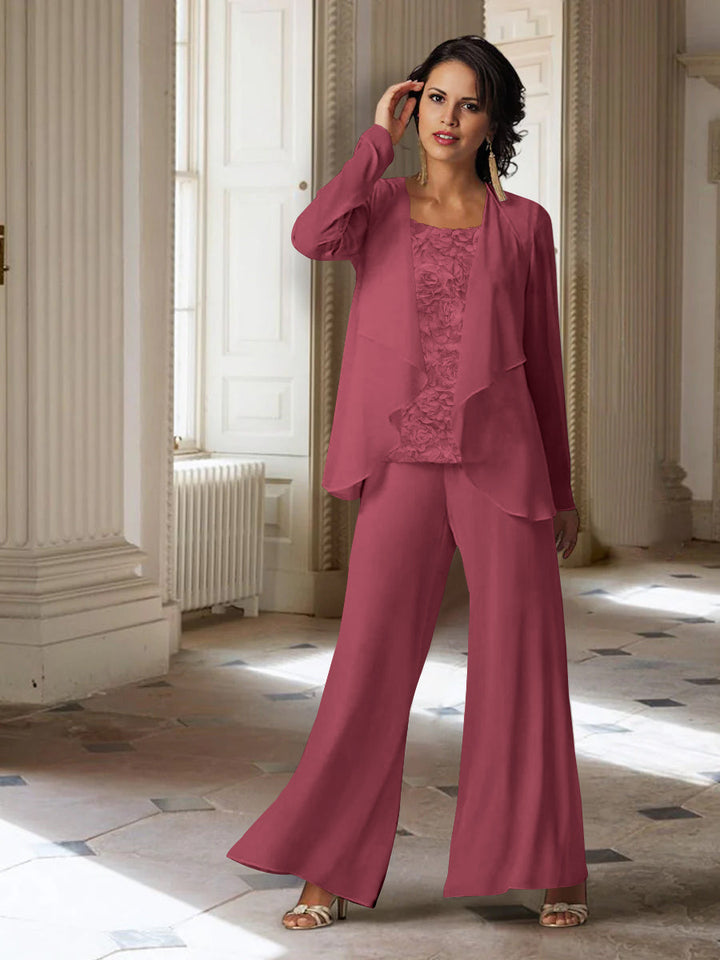 Tailleur-Pantalon en Mousseline à Manches Longues pour Mère de la Mariée avec Veste