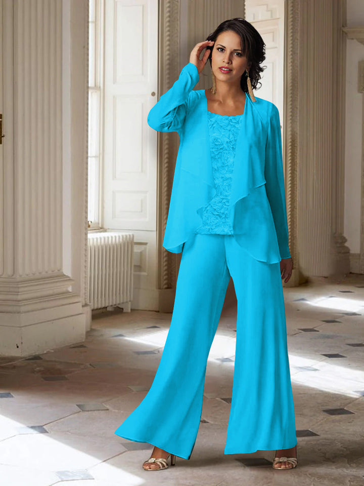 Tailleur-Pantalon en Mousseline à Manches Longues pour Mère de la Mariée avec Veste