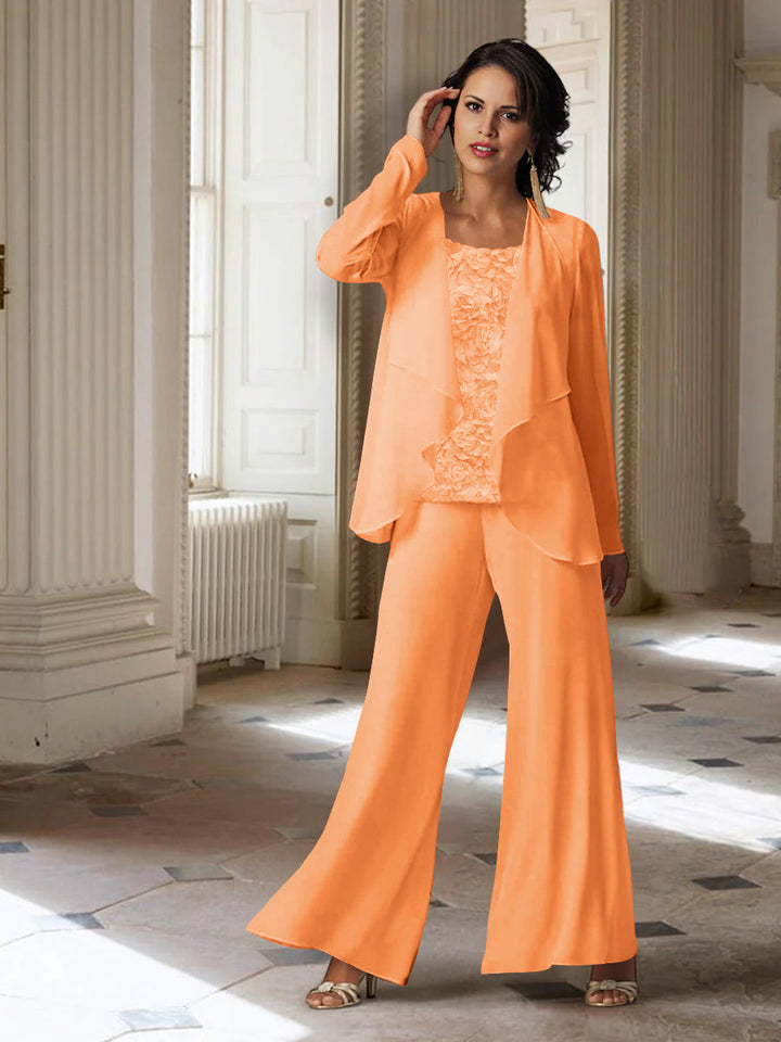 Tailleur-Pantalon en Mousseline à Manches Longues pour Mère de la Mariée avec Veste