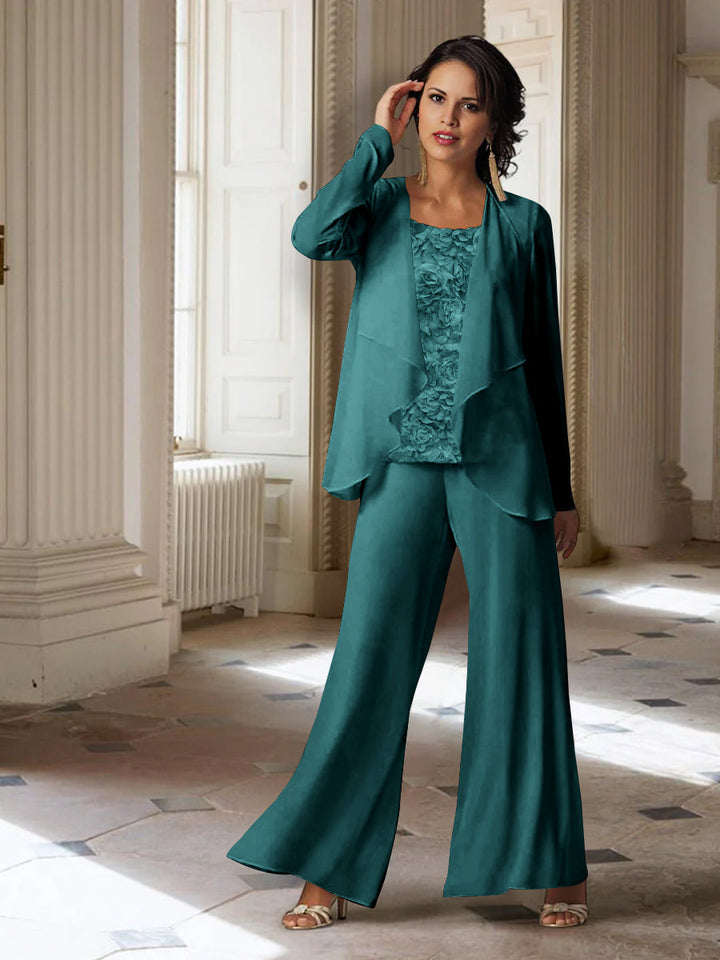 Tailleur-Pantalon en Mousseline à Manches Longues pour Mère de la Mariée avec Veste