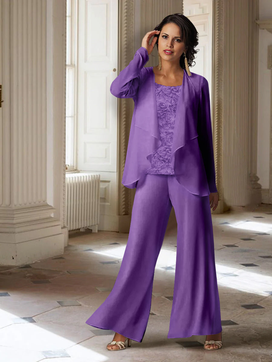 Tailleur-Pantalon en Mousseline à Manches Longues pour Mère de la Mariée avec Veste