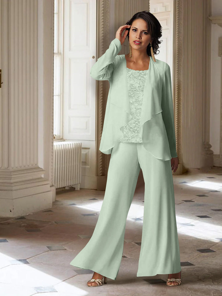 Tailleur-Pantalon en Mousseline à Manches Longues pour Mère de la Mariée avec Veste