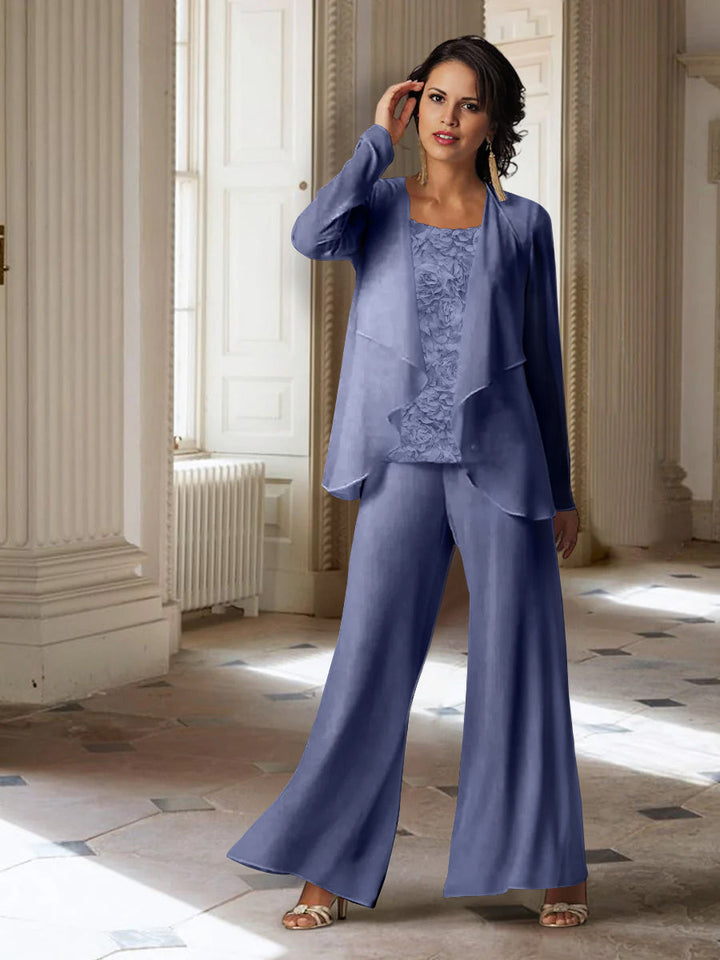 Tailleur-Pantalon en Mousseline à Manches Longues pour Mère de la Mariée avec Veste