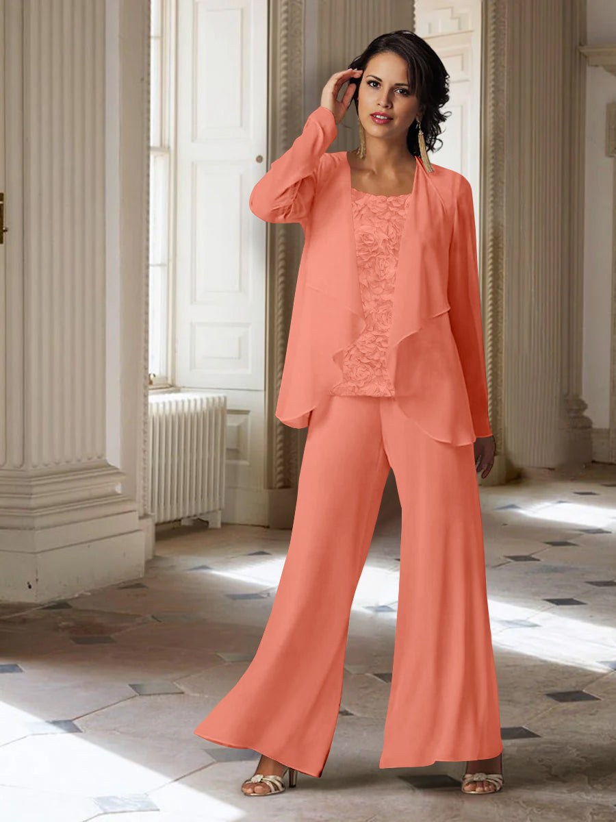 Tailleur-Pantalon en Mousseline à Manches Longues pour Mère de la Mariée avec Veste