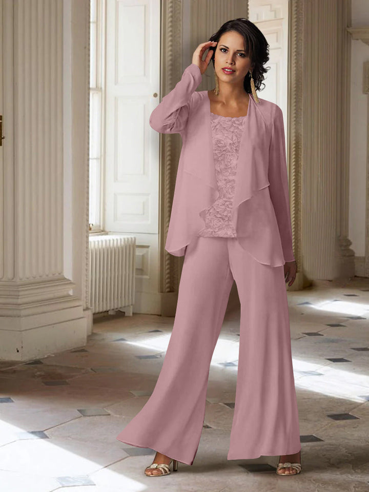 Tailleur-Pantalon en Mousseline à Manches Longues pour Mère de la Mariée avec Veste