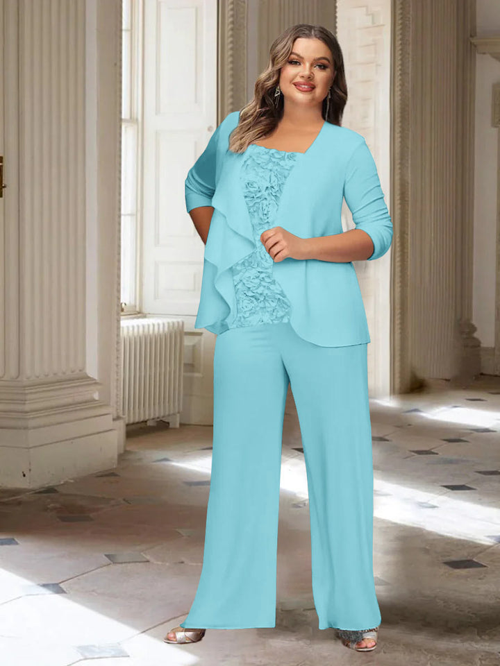 Tailleur-Pantalon en Mousseline de Soie à Manches Longues et Veste pour Mère de la Mariée Grande Taille