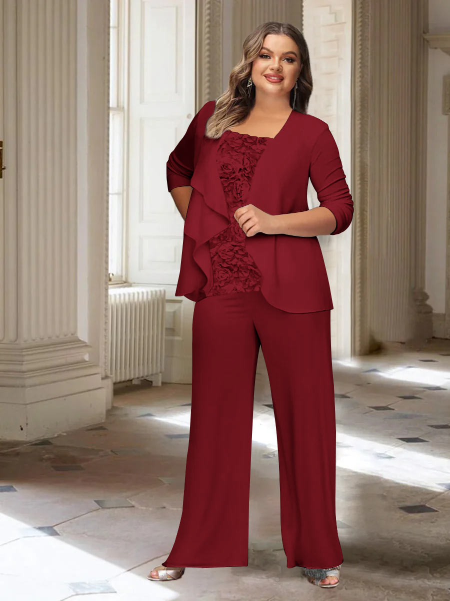 Tailleur-Pantalon en Mousseline de Soie à Manches Longues et Veste pour Mère de la Mariée Grande Taille