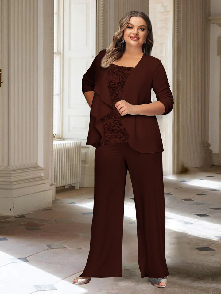 Tailleur-Pantalon en Mousseline de Soie à Manches Longues et Veste pour Mère de la Mariée Grande Taille