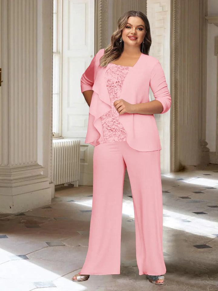 Tailleur-Pantalon en Mousseline de Soie à Manches Longues et Veste pour Mère de la Mariée Grande Taille