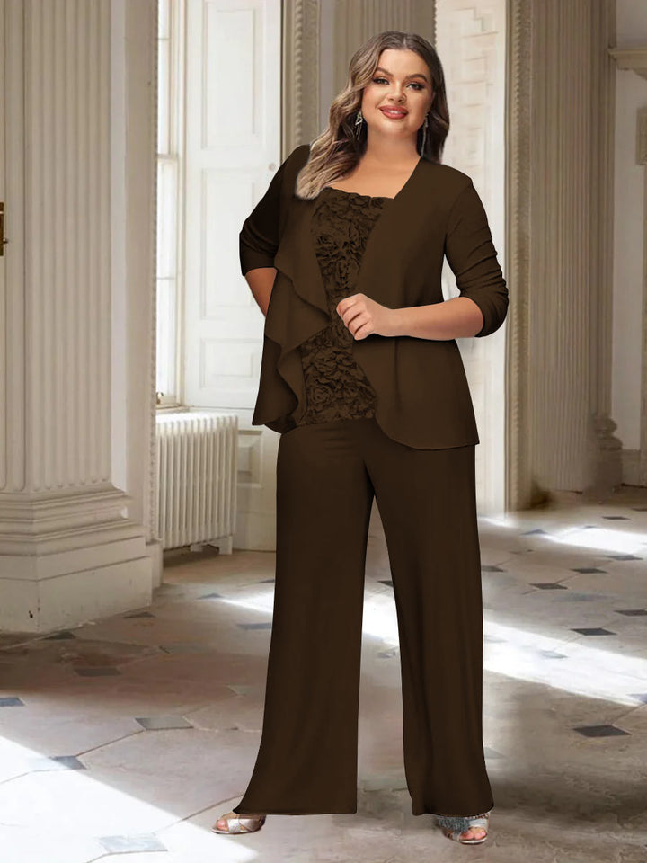Tailleur-Pantalon en Mousseline de Soie à Manches Longues et Veste pour Mère de la Mariée Grande Taille