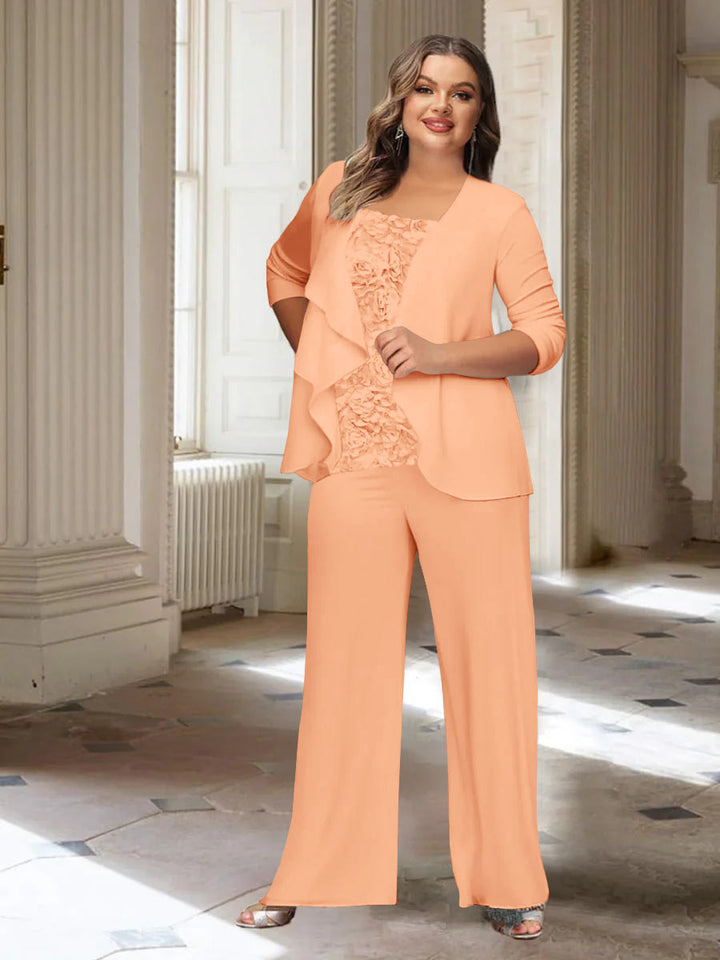 Tailleur-Pantalon en Mousseline de Soie à Manches Longues et Veste pour Mère de la Mariée Grande Taille