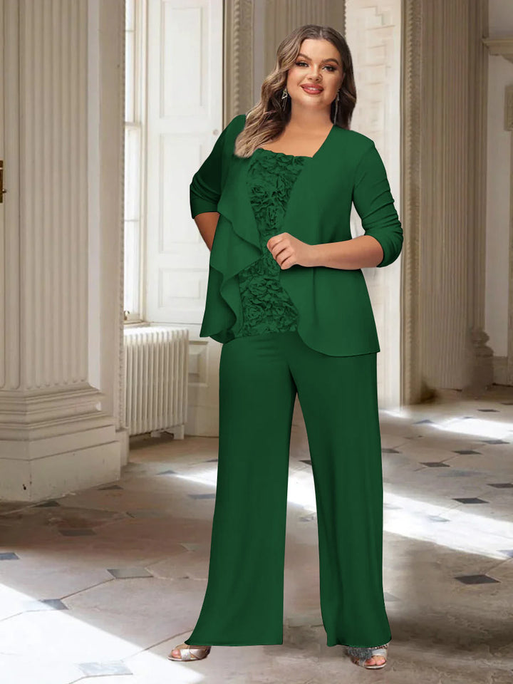 Tailleur-Pantalon en Mousseline de Soie à Manches Longues et Veste pour Mère de la Mariée Grande Taille