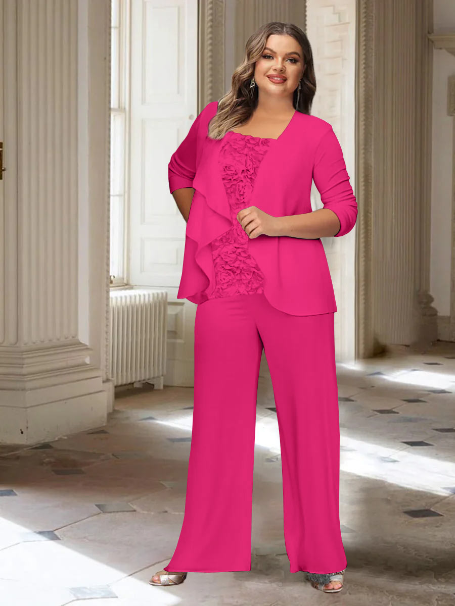 Tailleur-Pantalon en Mousseline de Soie à Manches Longues et Veste pour Mère de la Mariée Grande Taille