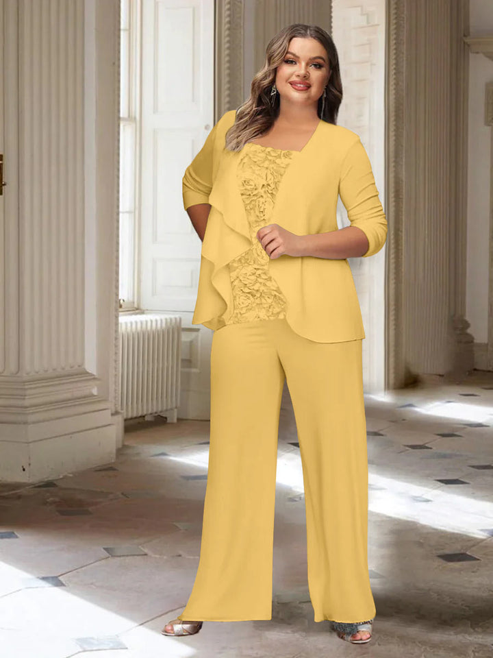 Tailleur-Pantalon en Mousseline de Soie à Manches Longues et Veste pour Mère de la Mariée Grande Taille