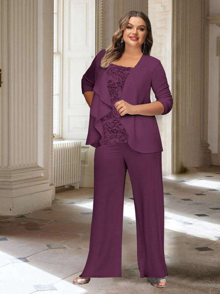 Tailleur-Pantalon en Mousseline de Soie à Manches Longues et Veste pour Mère de la Mariée Grande Taille