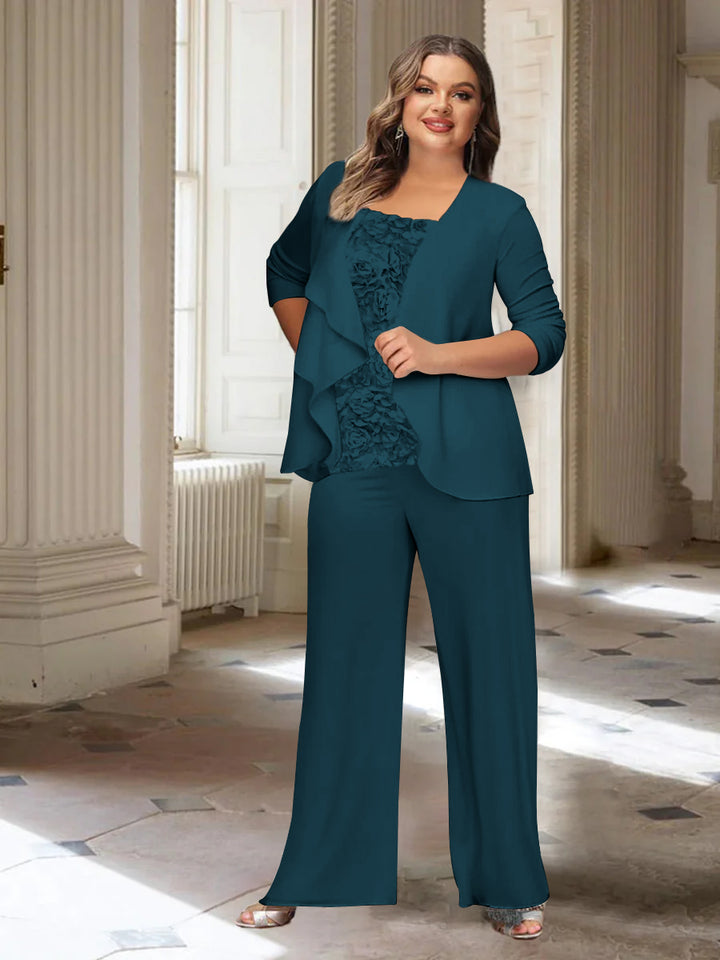 Tailleur-Pantalon en Mousseline de Soie à Manches Longues et Veste pour Mère de la Mariée Grande Taille