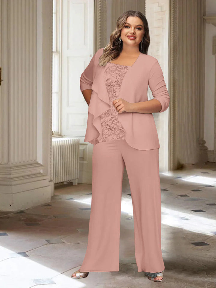 Tailleur-Pantalon en Mousseline de Soie à Manches Longues et Veste pour Mère de la Mariée Grande Taille