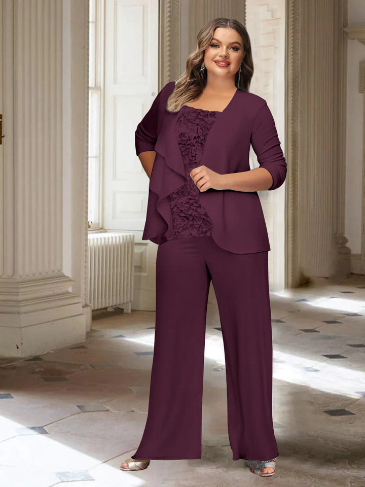 Tailleur-Pantalon en Mousseline de Soie à Manches Longues et Veste pour Mère de la Mariée Grande Taille