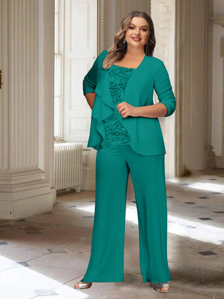 Tailleur-Pantalon en Mousseline de Soie à Manches Longues et Veste pour Mère de la Mariée Grande Taille