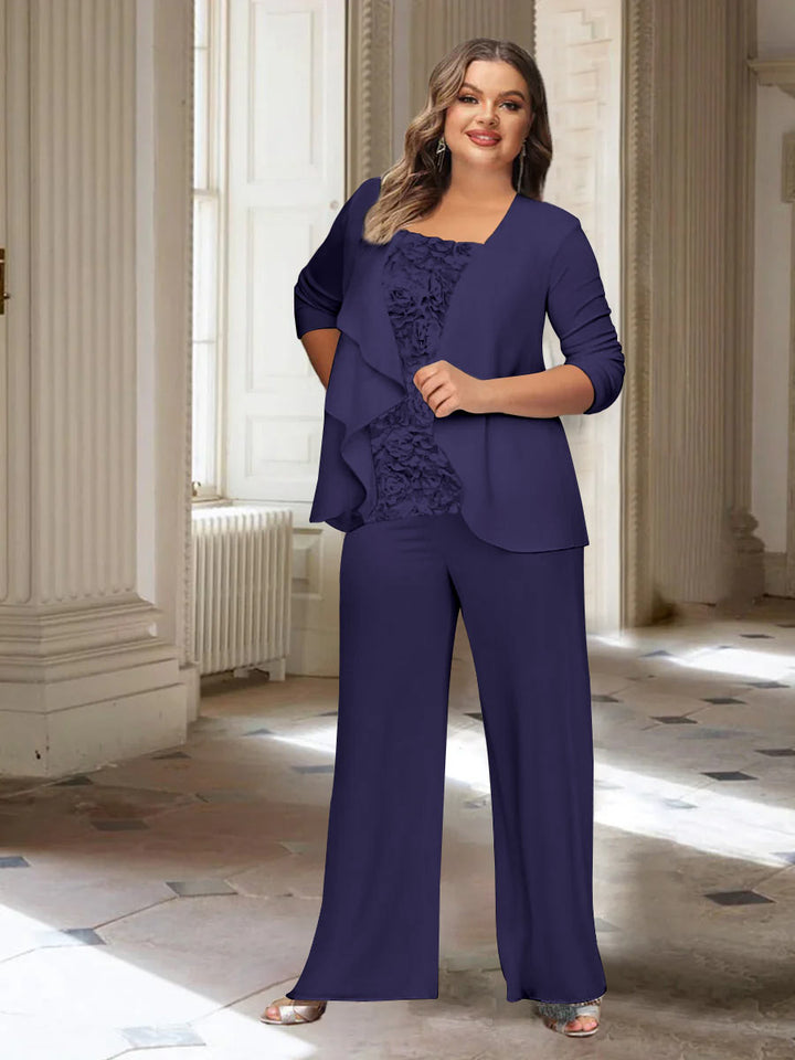 Tailleur-Pantalon en Mousseline de Soie à Manches Longues et Veste pour Mère de la Mariée Grande Taille