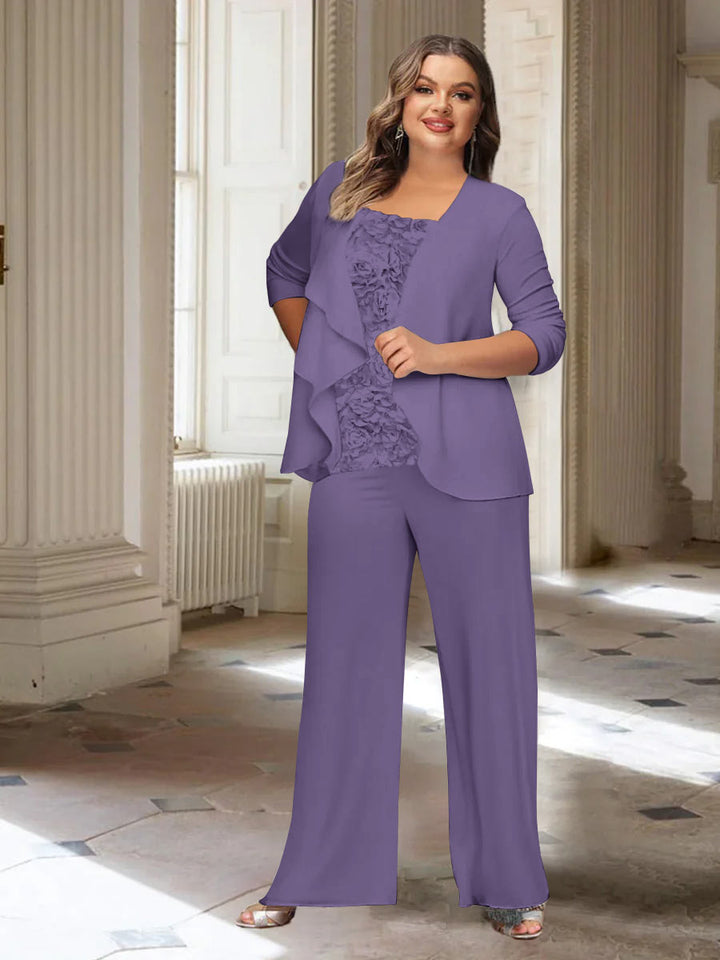 Tailleur-Pantalon en Mousseline de Soie à Manches Longues et Veste pour Mère de la Mariée Grande Taille