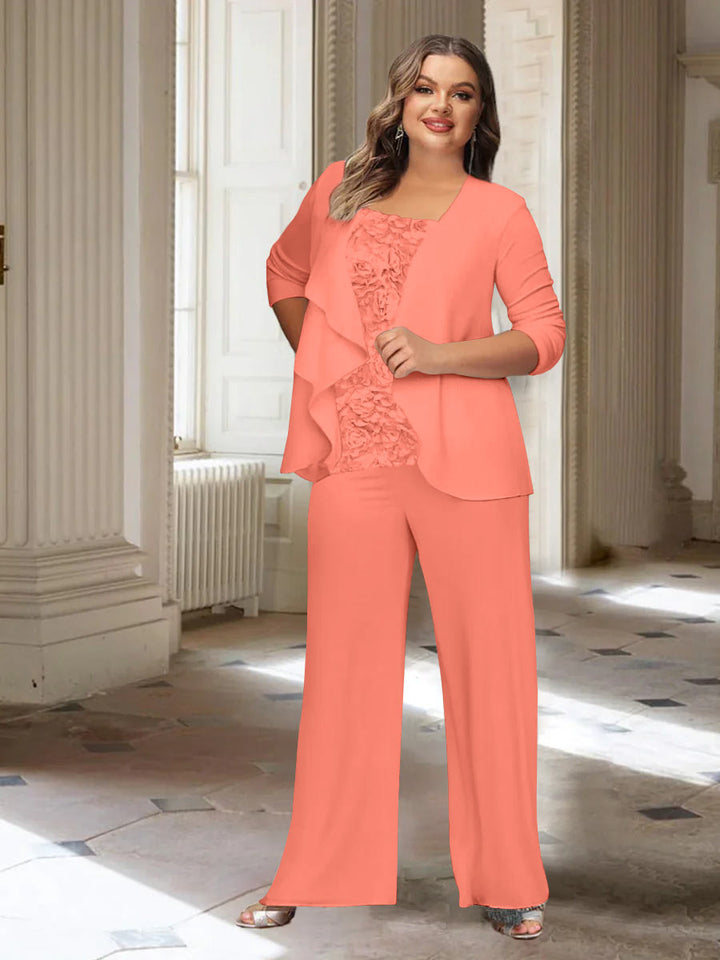 Tailleur-Pantalon en Mousseline de Soie à Manches Longues et Veste pour Mère de la Mariée Grande Taille