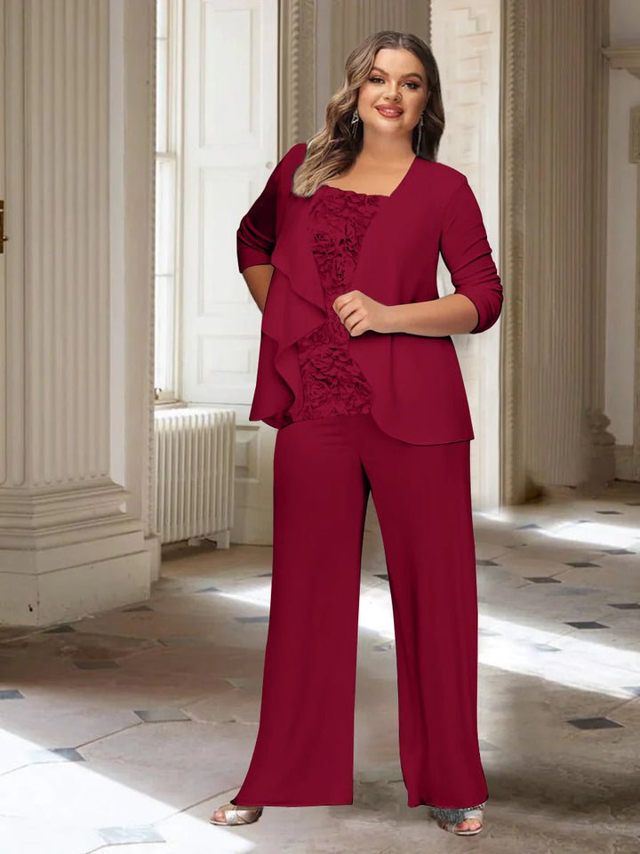 Tailleur-Pantalon en Mousseline de Soie à Manches Longues et Veste pour Mère de la Mariée Grande Taille