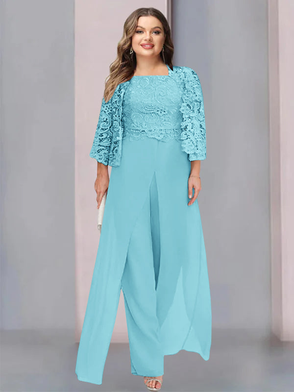 Tailleur-Pantalon en Mousseline à Col Carré et Longueur Au Sol pour Mère de la Mariée, Grande Taille, avec Veste et Fente Sur le Côté
