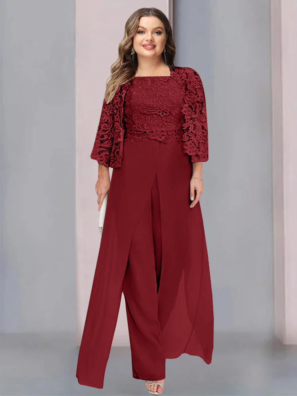 Tailleur-Pantalon en Mousseline à Col Carré et Longueur Au Sol pour Mère de la Mariée, Grande Taille, avec Veste et Fente Sur le Côté