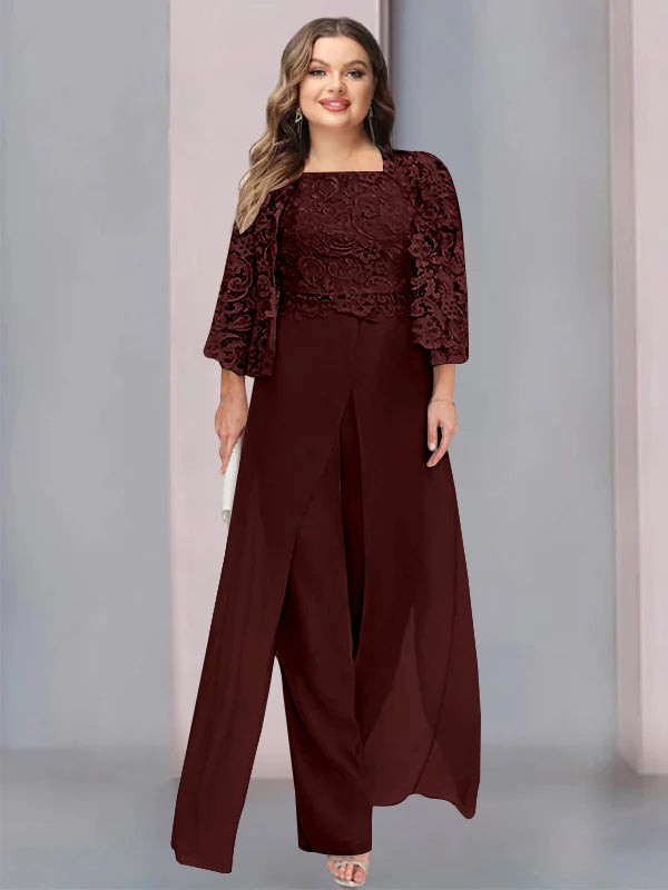 Tailleur-Pantalon en Mousseline à Col Carré et Longueur Au Sol pour Mère de la Mariée, Grande Taille, avec Veste et Fente Sur le Côté